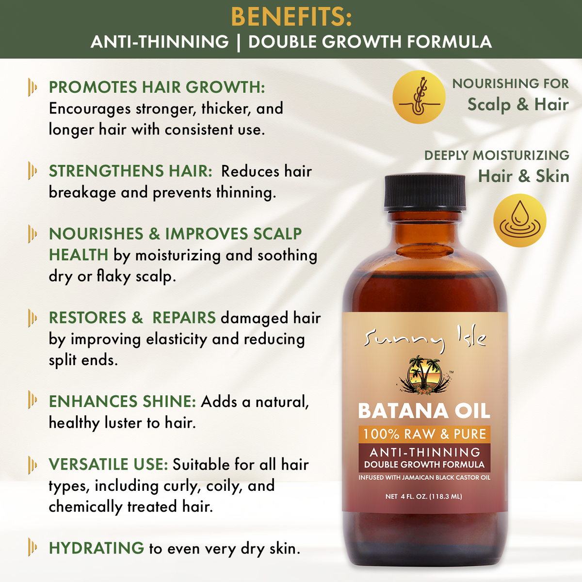 Sunny Isle Anti-Thinning Batana Oil Infused with Jamaican Black Castor Oil 4oz