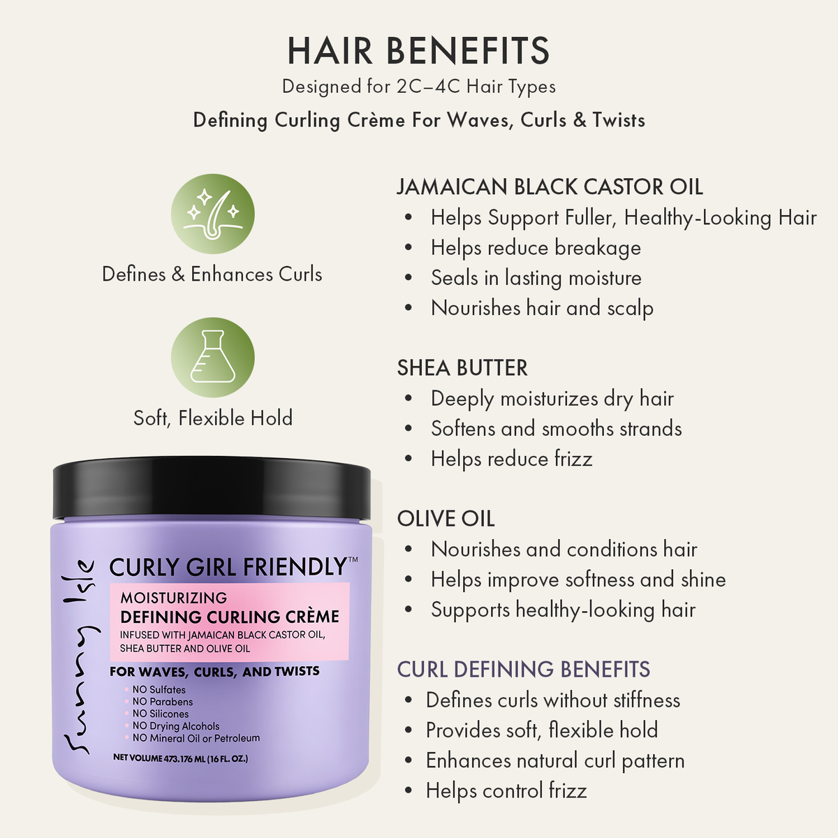 Sunny Isle Curly Girl Friendly Moisturizing Defining Curling Crème 16oz